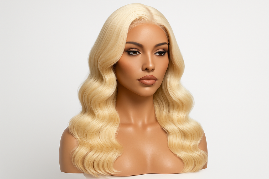 Blonde 613 body wave wig on mannequin