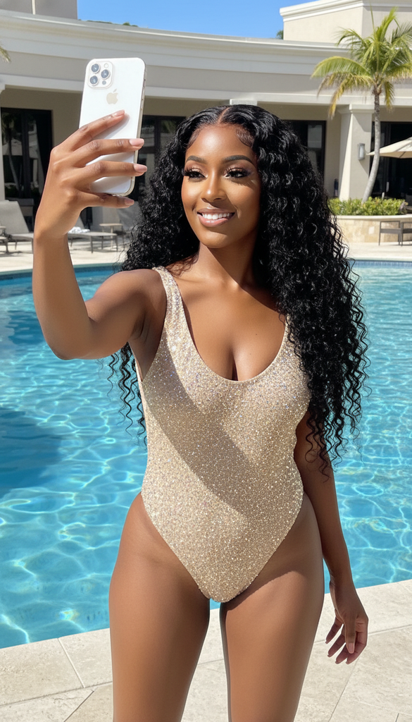 Oceans Curly Wig Poolside Selfie